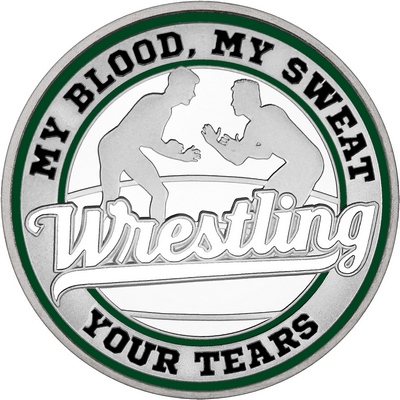 White "Wrestling" with Dark Green Outer Circular Borders